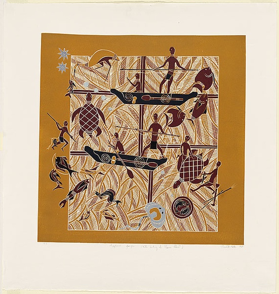 Artist: b'Marika, Banduk.' | Title: b'Miyapunawu Narrunan (Turtle hunting Bremer Island)' | Date: 1989 | Technique: b'linocut, printed in colour, from multiple blocks' Artist: b'Marika, Banduk.' | Title: b'Miyapunawu Narrunan (Turtle hunting Bremer Island)' | Date: 1989 | Technique: b'linocut, printed in colour, from multiple blocks'
