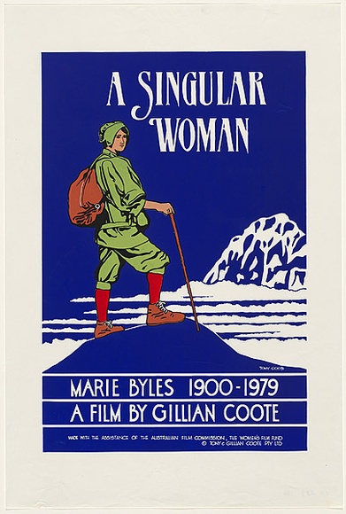Artist: b'Clarkson, Jean.' | Title: b'A Singular Woman, Marie Byles 1900-1979. A film by Gillian Coote' | Date: 1984 | Technique: b'screenprint, printed in colour, from four stencils' Artist: b'Clarkson, Jean.' | Title: b'A Singular Woman, Marie Byles 1900-1979. A film by Gillian Coote' | Date: 1984 | Technique: b'screenprint, printed in colour, from four stencils'