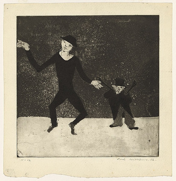 Artist: b'WILLIAMS, Fred' | Title: b'Dancing figures' | Date: 1954-55 | Technique: b'etching, engraving, drypoint and aquatint, printed in black ink, from one copper plate; with ink additions' | Copyright: b'\xc2\xa9 Fred Williams Estate' Artist: b'WILLIAMS, Fred' | Title: b'Dancing figures' | Date: 1954-55 | Technique: b'etching, engraving, drypoint and aquatint, printed in black ink, from one copper plate; with ink additions' | Copyright: b'\xc2\xa9 Fred Williams Estate'