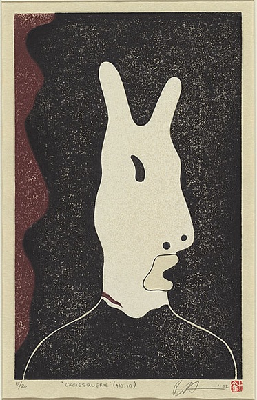 Artist: b'Harris, Brent.' | Title: b'Grotesquerie 10' | Date: 2002 | Technique: b'woodcut, printed in three colours in the Japanese manner, from multiple blocks' Artist: b'Harris, Brent.' | Title: b'Grotesquerie 10' | Date: 2002 | Technique: b'woodcut, printed in three colours in the Japanese manner, from multiple blocks'