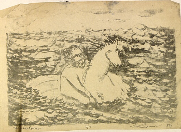 Artist: b'ROSENGRAVE, Harry' | Title: b'White horses' | Date: 1954 | Technique: b'lithograph, printed in black ink, from one plate' Artist: b'ROSENGRAVE, Harry' | Title: b'White horses' | Date: 1954 | Technique: b'lithograph, printed in black ink, from one plate'