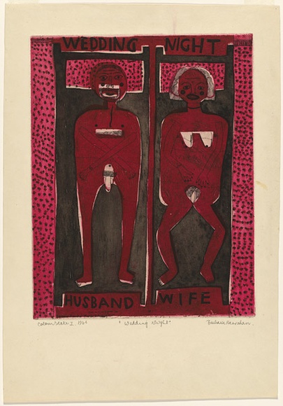 Artist: b'HANRAHAN, Barbara' | Title: b'Wedding night' | Date: 1964 | Technique: b'etching, printed in colour, with plate-tone, from two plates' Artist: b'HANRAHAN, Barbara' | Title: b'Wedding night' | Date: 1964 | Technique: b'etching, printed in colour, with plate-tone, from two plates'