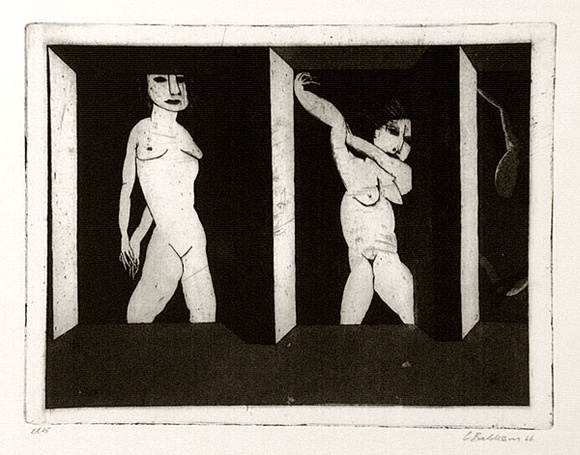 Artist: b'BALDESSIN, George' | Title: b'not titled [Two nude females at windows].' | Date: 1966 | Technique: b'etching and aquatint, printed in black ink, from one plate'