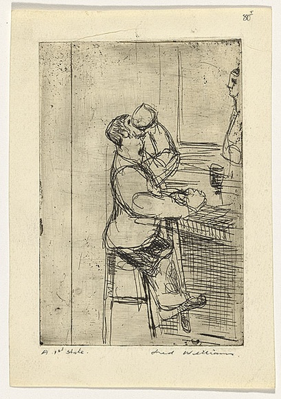 Artist: b'WILLIAMS, Fred' | Title: b'One pint' | Date: 1955-56 | Technique: b'etching, engraving, drypoint and flat biting, printed in black ink, from one brass plate' | Copyright: b'\xc2\xa9 Fred Williams Estate' Artist: b'WILLIAMS, Fred' | Title: b'One pint' | Date: 1955-56 | Technique: b'etching, engraving, drypoint and flat biting, printed in black ink, from one brass plate' | Copyright: b'\xc2\xa9 Fred Williams Estate'