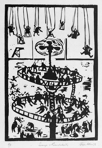 Artist: b'Allen, Joyce.' | Title: b'Swings and roundabouts.' | Date: 1973 | Technique: b'linocut, printed in black ink, from one block' Artist: b'Allen, Joyce.' | Title: b'Swings and roundabouts.' | Date: 1973 | Technique: b'linocut, printed in black ink, from one block'