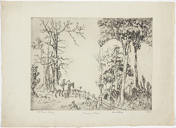Artist: b'LINDSAY, Lionel' | Title: b'On the Kurrajong' | Date: 1932 | Technique: b'softground etching, printed in black ink, from one plate' | Copyright: b'Courtesy of the National Library of Australia' Artist: b'LINDSAY, Lionel' | Title: b'On the Kurrajong' | Date: 1932 | Technique: b'softground etching, printed in black ink, from one plate' | Copyright: b'Courtesy of the National Library of Australia'