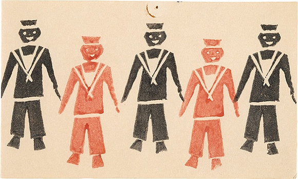 Artist: b'Northcott, Dawn.' | Title: b'Greeting card: (Black and red sailors)' | Date: c.1950 | Technique: b'potato-cut, printed in colour, from one block' Artist: b'Northcott, Dawn.' | Title: b'Greeting card: (Black and red sailors)' | Date: c.1950 | Technique: b'potato-cut, printed in colour, from one block'