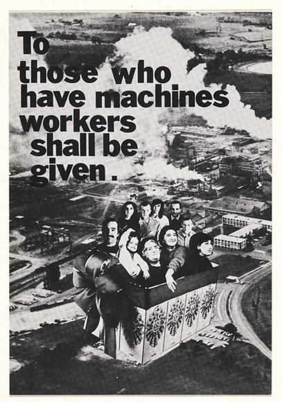 Artist: b'Lyssiotis, Peter.' | Title: b'To those who have machines workers shall be given' | Date: 1989 | Technique: b'photo-offset-lithograph' Artist: b'Lyssiotis, Peter.' | Title: b'To those who have machines workers shall be given' | Date: 1989 | Technique: b'photo-offset-lithograph'