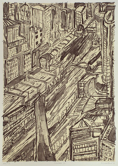 Artist: b'Crawford, Marian.' | Title: b'Flinders st.' | Date: 1996, October | Technique: b'lithograph, printed in black ink, from one stone; cream tint' Artist: b'Crawford, Marian.' | Title: b'Flinders st.' | Date: 1996, October | Technique: b'lithograph, printed in black ink, from one stone; cream tint'