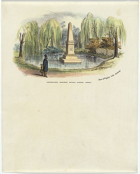 Artist: b'GILL, S.T.' | Title: bCunningham's monument, botanic gardens, Sydney. | Date: c.1855 | Technique: b'lithograph, printed in black ink, from one stone; hand-coloured' Artist: b'GILL, S.T.' | Title: bCunningham's monument, botanic gardens, Sydney. | Date: c.1855 | Technique: b'lithograph, printed in black ink, from one stone; hand-coloured'