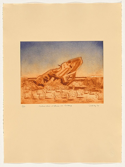 Artist: b'Sibley, Andrew.' | Title: b'Nature wins at Anna Creek Siding' | Date: 2001 | Technique: b'etching, printed in colour a la poup\xc3\xa9e, from one plate' Artist: b'Sibley, Andrew.' | Title: b'Nature wins at Anna Creek Siding' | Date: 2001 | Technique: b'etching, printed in colour a la poup\xc3\xa9e, from one plate'