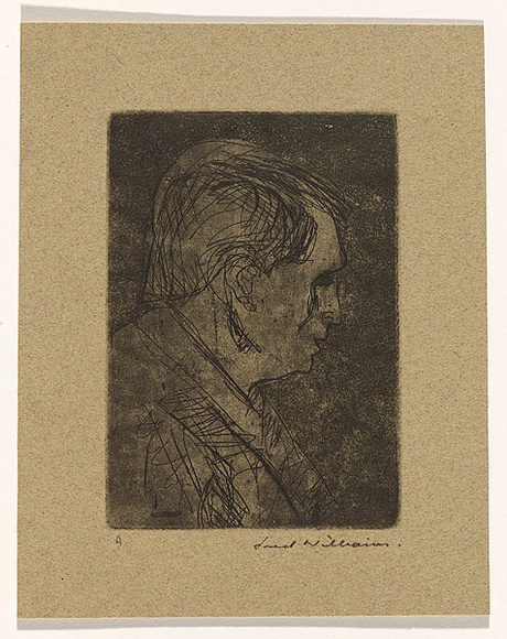 Artist: b'WILLIAMS, Fred' | Title: b'Selwyn Tebbutt in profile' | Date: 1955-56 | Technique: b'etching, aquatint and engraving, printed in black ink, from one copper plate' | Copyright: b'\xc2\xa9 Fred Williams Estate' Artist: b'WILLIAMS, Fred' | Title: b'Selwyn Tebbutt in profile' | Date: 1955-56 | Technique: b'etching, aquatint and engraving, printed in black ink, from one copper plate' | Copyright: b'\xc2\xa9 Fred Williams Estate'