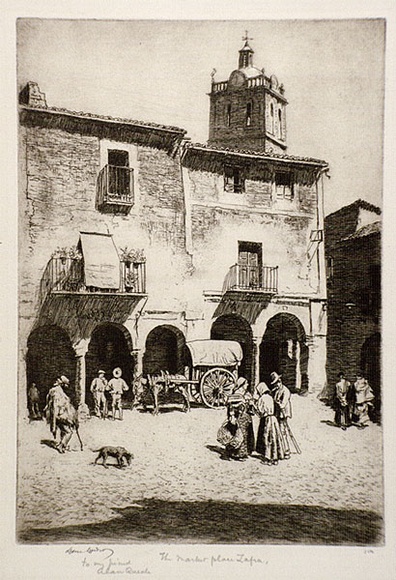 Artist: b'LINDSAY, Lionel' | Title: b'In Zafra Market, Spain' | Date: 1929 | Technique: b'etching, printed in brown ink with plate-tone, from one plate' | Copyright: b'Courtesy of the National Library of Australia' Artist: b'LINDSAY, Lionel' | Title: b'In Zafra Market, Spain' | Date: 1929 | Technique: b'etching, printed in brown ink with plate-tone, from one plate' | Copyright: b'Courtesy of the National Library of Australia'