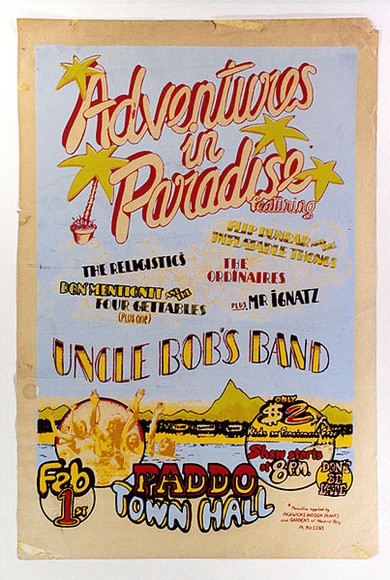 Artist: b'EARTHWORKS POSTER COLLECTIVE' | Title: b'Adventures in paradise... Paddo Town Hall.' | Date: (1976) | Technique: b'screenprint, printed in colour, from multiple stencils' Artist: b'EARTHWORKS POSTER COLLECTIVE' | Title: b'Adventures in paradise... Paddo Town Hall.' | Date: (1976) | Technique: b'screenprint, printed in colour, from multiple stencils'