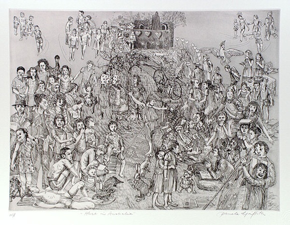 Artist: b'GRIFFITH, Pamela' | Title: b'Alice in Australia' | Date: 1989 | Technique: b'hard ground, aquatint , printed in black ink, from one copper plate' | Copyright: b'\xc2\xa9 Pamela Griffith' Artist: b'GRIFFITH, Pamela' | Title: b'Alice in Australia' | Date: 1989 | Technique: b'hard ground, aquatint , printed in black ink, from one copper plate' | Copyright: b'\xc2\xa9 Pamela Griffith'