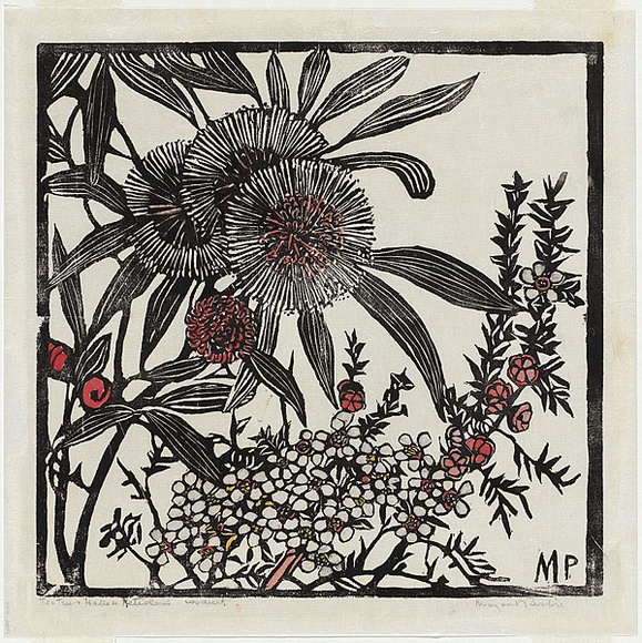 Artist: b'PRESTON, Margaret' | Title: b'Tea-tree and Hakea petiolaris' | Date: 1936 | Technique: b'woodcut, printed in black ink, from one block; hand-coloured' | Copyright: b'\xc2\xa9 Margaret Preston. Licensed by VISCOPY, Australia' Artist: b'PRESTON, Margaret' | Title: b'Tea-tree and Hakea petiolaris' | Date: 1936 | Technique: b'woodcut, printed in black ink, from one block; hand-coloured' | Copyright: b'\xc2\xa9 Margaret Preston. Licensed by VISCOPY, Australia'