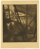Artist: b'Traill, Jessie.' | Title: b'Testing the new turbine, Red Cliffs pumps, August 1922.' | Date: 1923 | Technique: b'etching and aquatint, printed in brown ink with plate-tone and wiped highlights, from one plate'