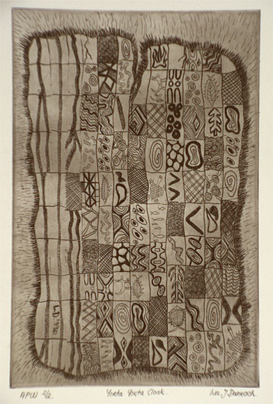 Artist: b'Darroch, Lee J.' | Title: b'Yorta yorta cloak' | Date: 1999, May | Technique: b'etching, printed in black ink, from one plate' | Copyright: b'\xc2\xa9 Lee Darroch, artist' Artist: b'Darroch, Lee J.' | Title: b'Yorta yorta cloak' | Date: 1999, May | Technique: b'etching, printed in black ink, from one plate' | Copyright: b'\xc2\xa9 Lee Darroch, artist'