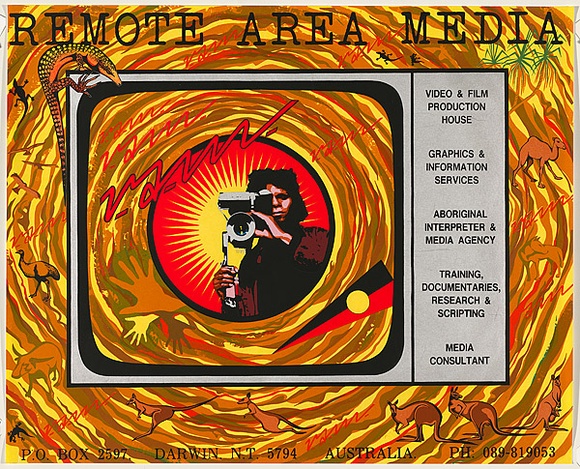 Artist: b'REDBACK GRAPHIX' | Title: b'Remote area media' | Date: 1984 | Technique: b'screenprint, printed in colour, from 10 stencils' | Copyright: b'\xc2\xa9 Raymond John Young' Artist: b'REDBACK GRAPHIX' | Title: b'Remote area media' | Date: 1984 | Technique: b'screenprint, printed in colour, from 10 stencils' | Copyright: b'\xc2\xa9 Raymond John Young'