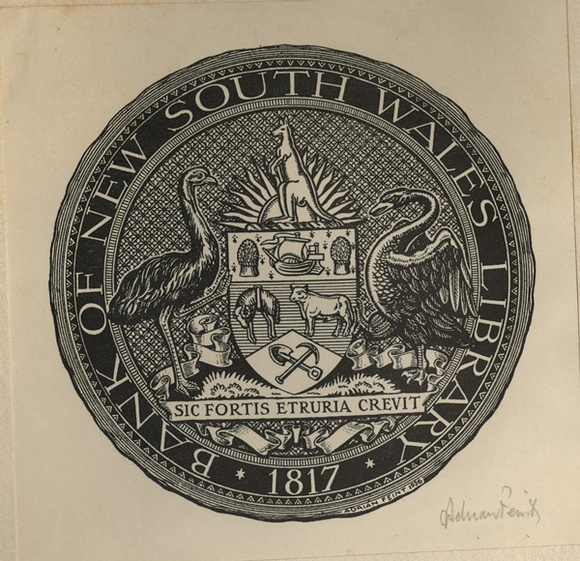 Artist: b'FEINT, Adrian' | Title: b'Bookplate: Bank of New South Wales Library, 1817.' | Date: (1936) | Technique: b'line block, printed in black ink, from one process block' | Copyright: b'Courtesy the Estate of Adrian Feint' Artist: b'FEINT, Adrian' | Title: b'Bookplate: Bank of New South Wales Library, 1817.' | Date: (1936) | Technique: b'line block, printed in black ink, from one process block' | Copyright: b'Courtesy the Estate of Adrian Feint'