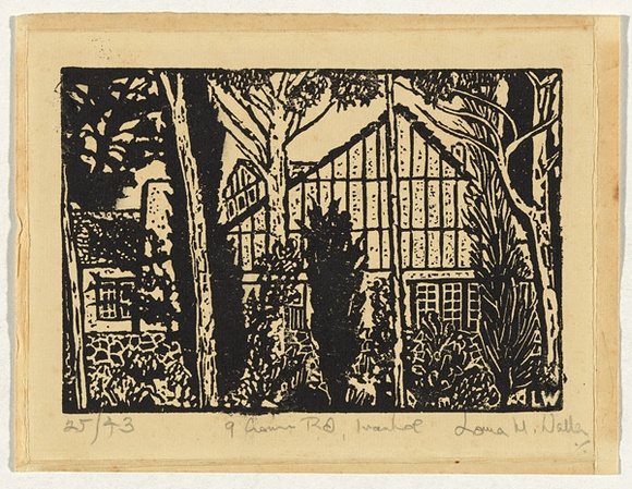 Artist: b'Waller, Lorna.' | Title: b'9 Crown Road, Ivanhoe.' | Technique: b'linocut, printed in black ink, from one block' Artist: b'Waller, Lorna.' | Title: b'9 Crown Road, Ivanhoe.' | Technique: b'linocut, printed in black ink, from one block'
