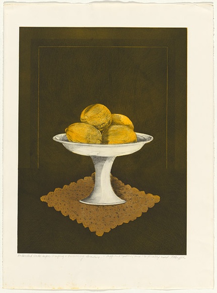 Artist: b'GRIFFITH, Pamela' | Title: b'Lemons' | Date: 1982 | Technique: b'etching, aquatint, soft ground printed in colour from two zinc plates' | Copyright: b'\xc2\xa9 Pamela Griffith' Artist: b'GRIFFITH, Pamela' | Title: b'Lemons' | Date: 1982 | Technique: b'etching, aquatint, soft ground printed in colour from two zinc plates' | Copyright: b'\xc2\xa9 Pamela Griffith'