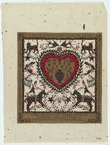 Title: b'Certificate: Ros Bower Memorial Trust award' | Date: 1989 | Technique: b'screenprint, printed in colour, from three stencils'