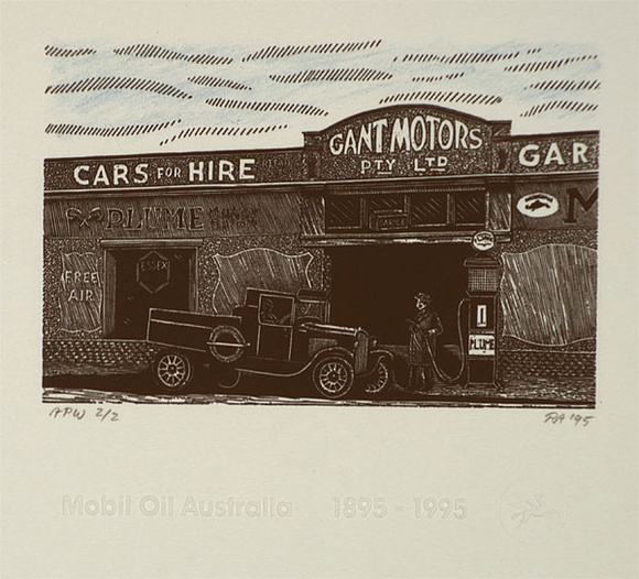 Artist: b'Atkins, Ros.' | Title: b'Garage' | Date: 1995, August | Technique: b'wood-engraving and lithograph, printed in black and blue ink, from one plate and one stone' Artist: b'Atkins, Ros.' | Title: b'Garage' | Date: 1995, August | Technique: b'wood-engraving and lithograph, printed in black and blue ink, from one plate and one stone'