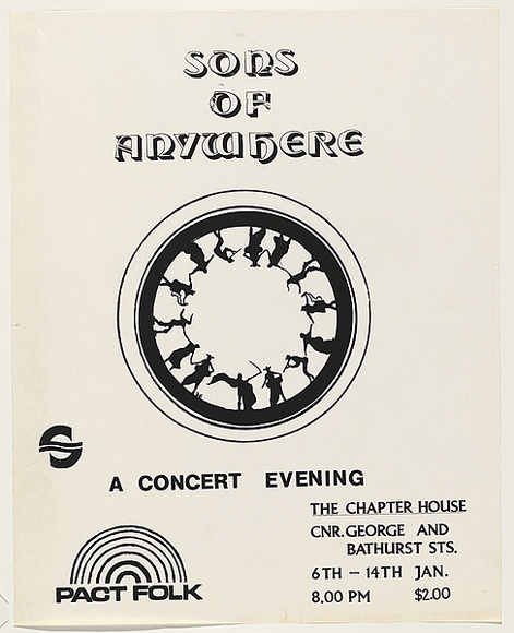 Artist: b'UNKNOWN' | Title: b'Sons of Anywhere. A concert evening. The Chapter House.' | Date: 1978 | Technique: b'screenprint, printed in black ink, from one stencil' Artist: b'UNKNOWN' | Title: b'Sons of Anywhere. A concert evening. The Chapter House.' | Date: 1978 | Technique: b'screenprint, printed in black ink, from one stencil'