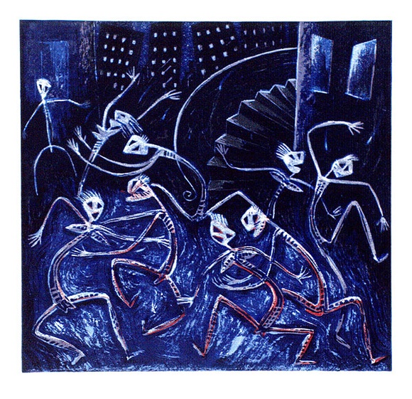 Artist: b'Casey, Karen.' | Title: b'Hot Fitzroy night' | Date: 1989 | Technique: b'linocut, printed in colour, from mutlitple blocks' Artist: b'Casey, Karen.' | Title: b'Hot Fitzroy night' | Date: 1989 | Technique: b'linocut, printed in colour, from mutlitple blocks'