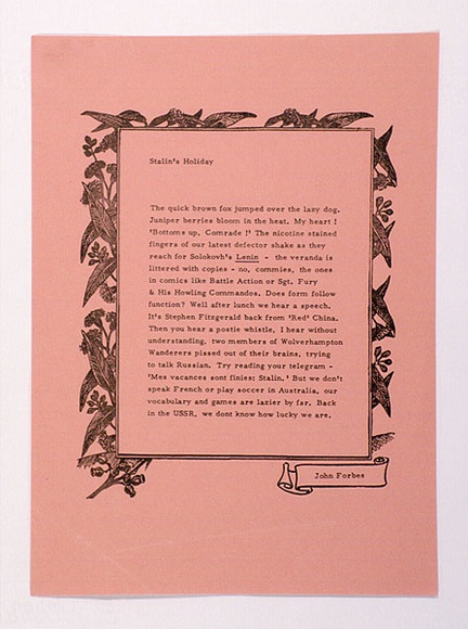 Artist: b'Forbes, John.' | Title: b'Stalin\'s holiday: a poem from the portfolio Rare birds with sticky wings.' | Date: c.1978 | Technique: b'photocopy' Artist: b'Forbes, John.' | Title: b'Stalin\'s holiday: a poem from the portfolio Rare birds with sticky wings.' | Date: c.1978 | Technique: b'photocopy'