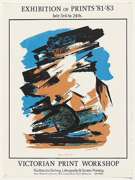 Artist: b'King, Grahame.' | Title: bExhibition of prints '81 - '83. July 3rd to 24th. Obiri, Arnhem Land | Date: 1983 | Technique: b'offset-lithograph, printed, in colour, from multiple stones'