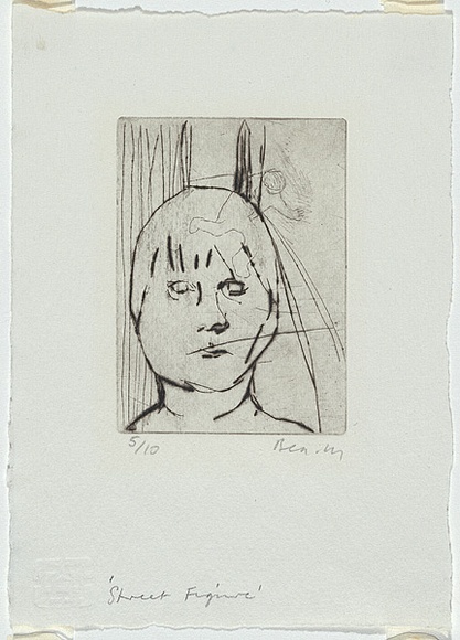 Artist: b'MADDOCK, Bea' | Title: b'Street figure' | Date: December 1966 | Technique: b'drypoint, printed in black ink, from one copper plate' Artist: b'MADDOCK, Bea' | Title: b'Street figure' | Date: December 1966 | Technique: b'drypoint, printed in black ink, from one copper plate'