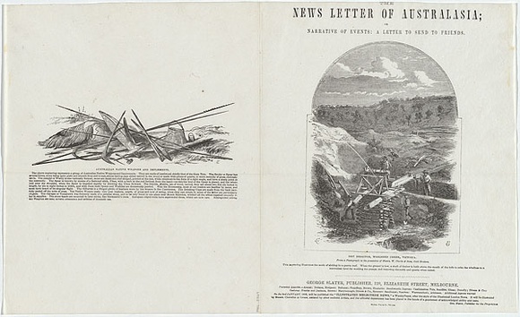 Artist: b'UNKNOWN' | Title: b'Australian native weapons and implements.' | Date: 1857 | Technique: b'wood-engraving, printed in black ink, from one block' Artist: b'UNKNOWN' | Title: b'Australian native weapons and implements.' | Date: 1857 | Technique: b'wood-engraving, printed in black ink, from one block'