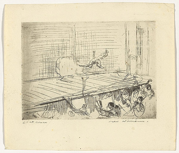 Artist: b'WILLIAMS, Fred' | Title: b'Somersault' | Date: 1955-56 | Technique: b'etching, aquatint, engraving, flat biting, printed in black ink, from one zinc plate' | Copyright: b'\xc2\xa9 Fred Williams Estate' Artist: b'WILLIAMS, Fred' | Title: b'Somersault' | Date: 1955-56 | Technique: b'etching, aquatint, engraving, flat biting, printed in black ink, from one zinc plate' | Copyright: b'\xc2\xa9 Fred Williams Estate'