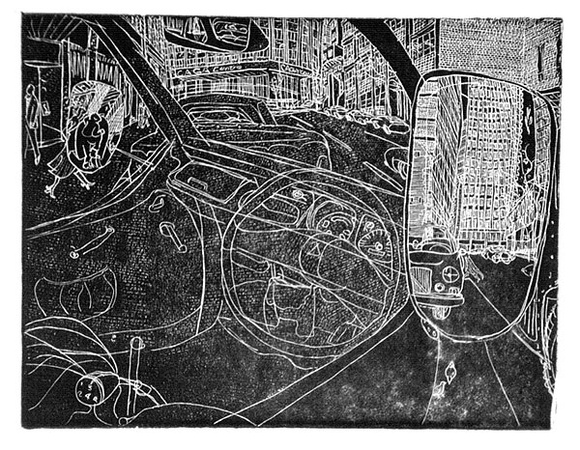 Artist: b'Rooney, Elizabeth.' | Title: b'(Bligh Street)' | Date: 1977 | Technique: b'relief print, printed in black ink, from one zinc plate' Artist: b'Rooney, Elizabeth.' | Title: b'(Bligh Street)' | Date: 1977 | Technique: b'relief print, printed in black ink, from one zinc plate'