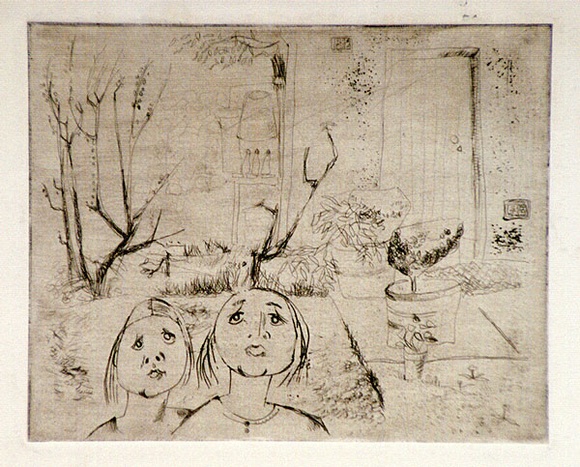 Artist: b'Barwell, Jennifer.' | Title: b'(Two girls in the garden).' | Date: (1955) | Technique: b'drypoint printed in brown ink with plate-tone, from one plate' Artist: b'Barwell, Jennifer.' | Title: b'(Two girls in the garden).' | Date: (1955) | Technique: b'drypoint printed in brown ink with plate-tone, from one plate'
