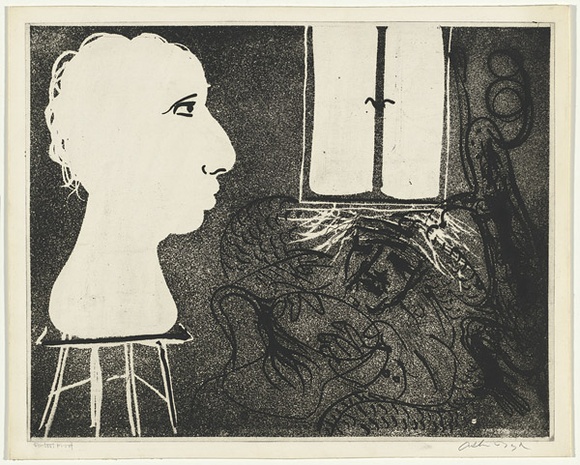 Artist: b'BOYD, Arthur' | Title: b'Potter with beast and sculptured head (Interior).' | Date: (1968-69) | Technique: b'etching and aquatint, printed in black ink, from one plate' | Copyright: b'This work appears on screen courtesy of Bundanon Trust' Artist: b'BOYD, Arthur' | Title: b'Potter with beast and sculptured head (Interior).' | Date: (1968-69) | Technique: b'etching and aquatint, printed in black ink, from one plate' | Copyright: b'This work appears on screen courtesy of Bundanon Trust'