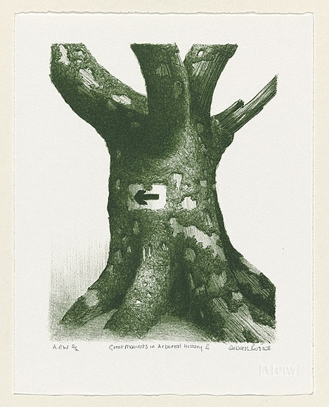 Artist: b'Russell,, Deborah.' | Title: b'Great moments in Arboreal history II' | Date: 1999, November | Technique: b'lithograph, printed in green ink, from one plate' Artist: b'Russell,, Deborah.' | Title: b'Great moments in Arboreal history II' | Date: 1999, November | Technique: b'lithograph, printed in green ink, from one plate'
