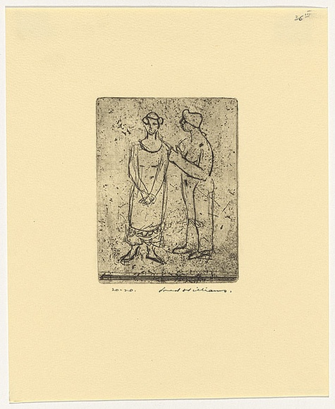 Artist: b'WILLIAMS, Fred' | Title: b'Two ladies' | Date: 1955-56 | Technique: b'etching and drypoint, printed in black ink, from one copper plate' | Copyright: b'\xc2\xa9 Fred Williams Estate' Artist: b'WILLIAMS, Fred' | Title: b'Two ladies' | Date: 1955-56 | Technique: b'etching and drypoint, printed in black ink, from one copper plate' | Copyright: b'\xc2\xa9 Fred Williams Estate'