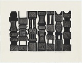 Artist: TUNGUTALUM, Bede | Title: Pukumani poles 1 | Date: 1988 | Technique: linocut, printed in black ink, from one block | Copyright: © Bede Tungutalum, Licensed by VISCOPY, Australia