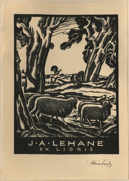 Artist: b'FEINT, Adrian' | Title: b'Bookplate: J.A. Lehane.' | Date: (1935) | Technique: b'wood-engraving, printed in black ink, from one block' | Copyright: b'Courtesy the Estate of Adrian Feint' Artist: b'FEINT, Adrian' | Title: b'Bookplate: J.A. Lehane.' | Date: (1935) | Technique: b'wood-engraving, printed in black ink, from one block' | Copyright: b'Courtesy the Estate of Adrian Feint'