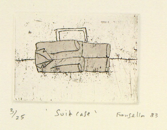 Artist: b'Fransella, Graham.' | Title: b'Suit case.' | Date: 1983 | Technique: b'etching, printed in black ink, from one plate; hand-coloured' | Copyright: b'Courtesy of the artist' Artist: b'Fransella, Graham.' | Title: b'Suit case.' | Date: 1983 | Technique: b'etching, printed in black ink, from one plate; hand-coloured' | Copyright: b'Courtesy of the artist'
