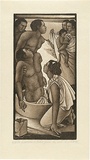 Artist: White, Robin. | Title: The fisherman is taken from the well | Date: 1995 | Technique: woodcut, printed in sepia ink, from two blocks