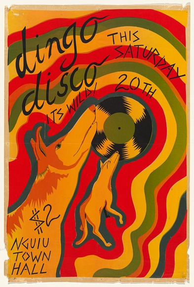 Artist: b'Tiwi Design.' | Title: b'Dingo Disco' | Date: 1980 | Technique: b'screenprint, printed in colour, from four stencils' | Copyright: b'\xc2\xa9 Raymond John Young' Artist: b'Tiwi Design.' | Title: b'Dingo Disco' | Date: 1980 | Technique: b'screenprint, printed in colour, from four stencils' | Copyright: b'\xc2\xa9 Raymond John Young'