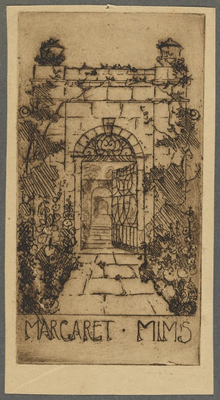 Artist: b'Coleman, Constance.' | Title: b'Bookplate: Margaret Mims.' | Date: 1940s | Technique: b'etching, printed in brown ink with plate-tone, from one plate' Artist: b'Coleman, Constance.' | Title: b'Bookplate: Margaret Mims.' | Date: 1940s | Technique: b'etching, printed in brown ink with plate-tone, from one plate'