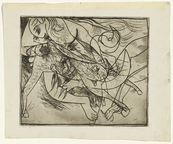 Artist: b'BOYD, Arthur' | Title: b'Nude and beast (Europa).' | Date: (1962-63) | Technique: b'drypoint, printed in black ink, from one plate' | Copyright: b'Reproduced with permission of Bundanon Trust' Artist: b'BOYD, Arthur' | Title: b'Nude and beast (Europa).' | Date: (1962-63) | Technique: b'drypoint, printed in black ink, from one plate' | Copyright: b'Reproduced with permission of Bundanon Trust'