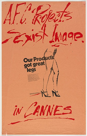 Artist: b'Finnane, Gabrielle' | Title: b'A.F.C. projects sexist image ... in Cannes' | Date: 1978 | Technique: b'screenprint, printed in colour, from two stencils' | Copyright: b'\xc2\xa9 Leonie Lane' Artist: b'Finnane, Gabrielle' | Title: b'A.F.C. projects sexist image ... in Cannes' | Date: 1978 | Technique: b'screenprint, printed in colour, from two stencils' | Copyright: b'\xc2\xa9 Leonie Lane'