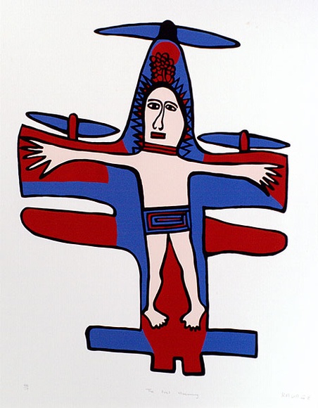 Artist: b'Kauage, Mathias.' | Title: b'The first missionary.' | Date: 1977 | Technique: b'screenprint, printed in colour, from four stencils' | Copyright: b'\xc2\xa9 approved by Elisabeth Kauage' Artist: b'Kauage, Mathias.' | Title: b'The first missionary.' | Date: 1977 | Technique: b'screenprint, printed in colour, from four stencils' | Copyright: b'\xc2\xa9 approved by Elisabeth Kauage'