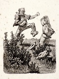 Artist: LINDSAY, Lionel | Title: Swagman fighting swag | Date: 1939 | Technique: wood-engraving, printed in black ink, from one block | Copyright: Courtesy of the National Library of Australia